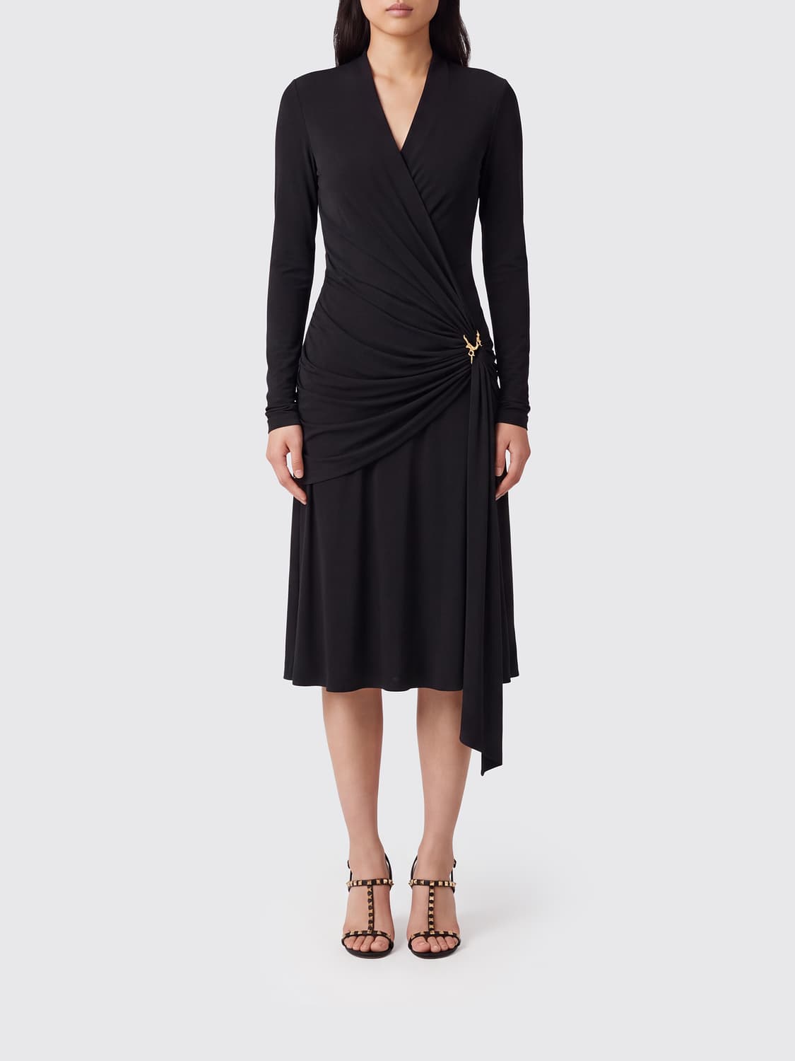 FERRAGAMO VESTIDO: Vestido midi asimétrico Ferragamo de viscosa con drapeado y escote de pico, Negro - Img 1