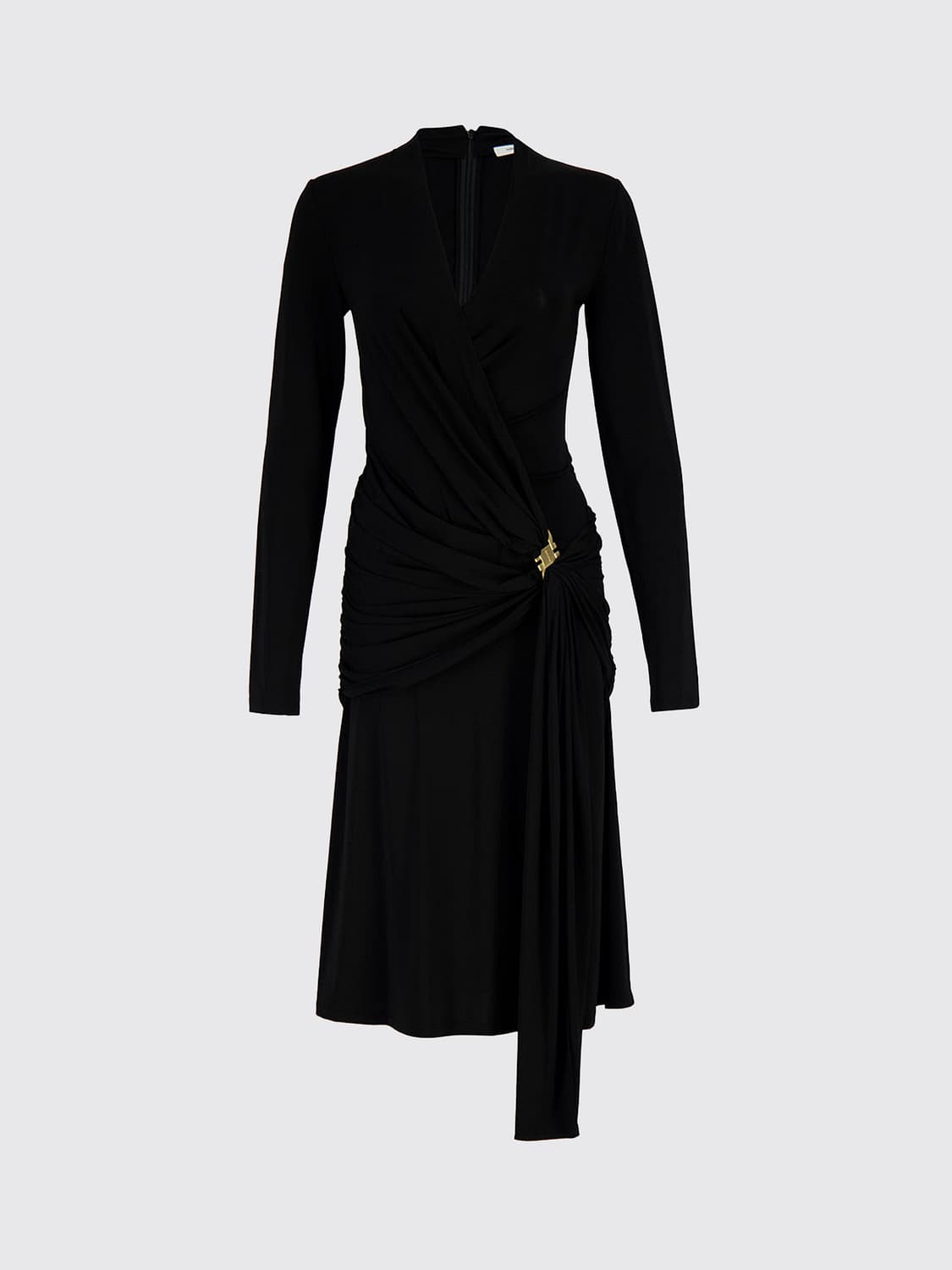 FERRAGAMO VESTIDO: Vestido midi asimétrico Ferragamo de viscosa con drapeado y escote de pico, Negro - Img 2