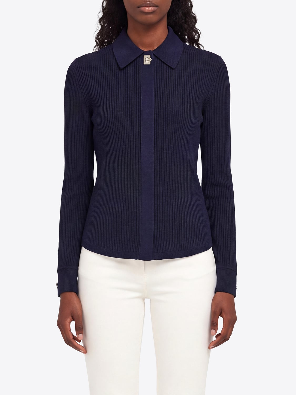 FERRAGAMO TOP: Top de punto de mezcla de viscosa Ferragamo de manga larga y corte slim, Azul Oscuro - Img 1