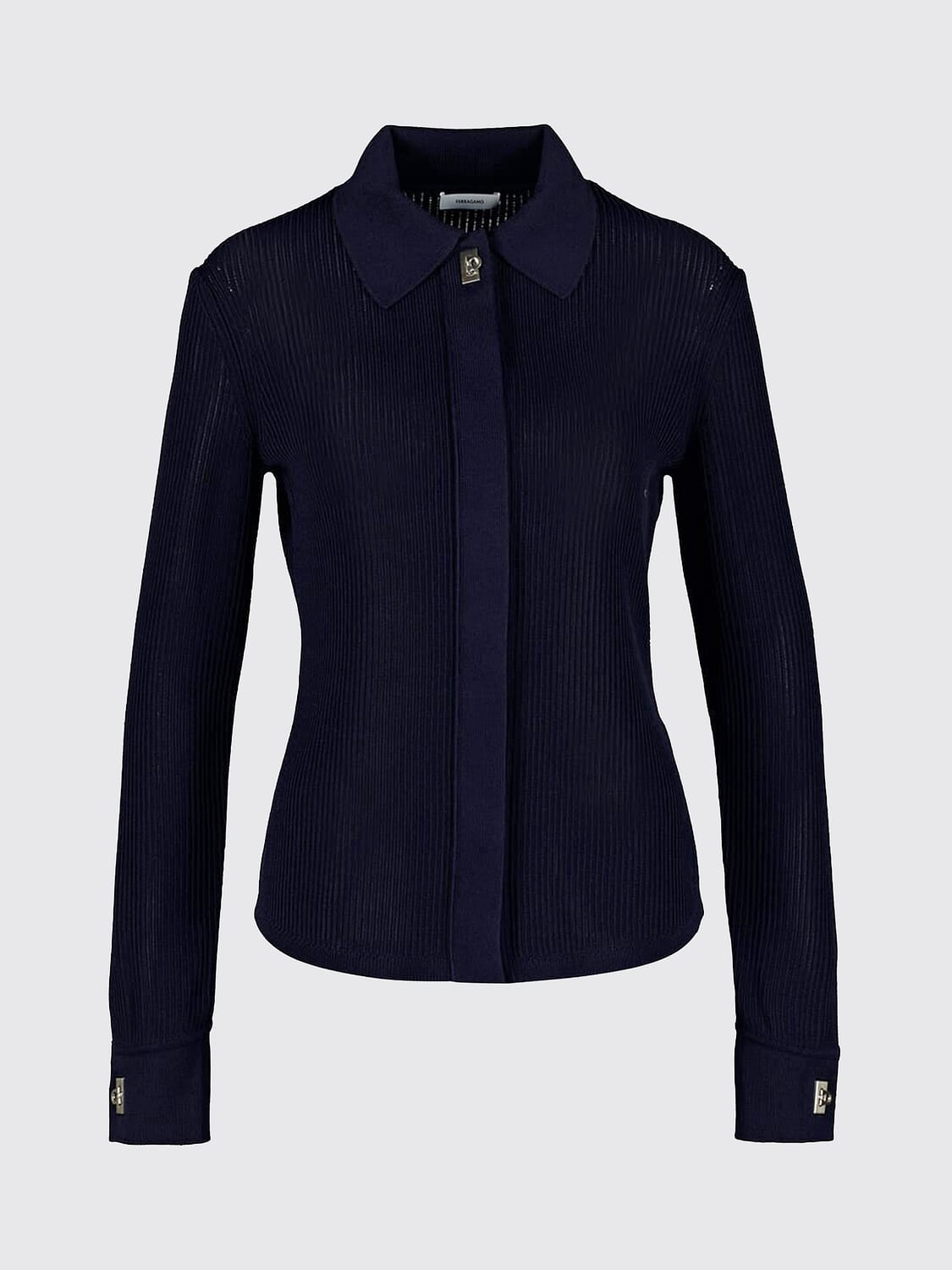 FERRAGAMO TOP: Top de punto de mezcla de viscosa Ferragamo de manga larga y corte slim, Azul Oscuro - Img 2