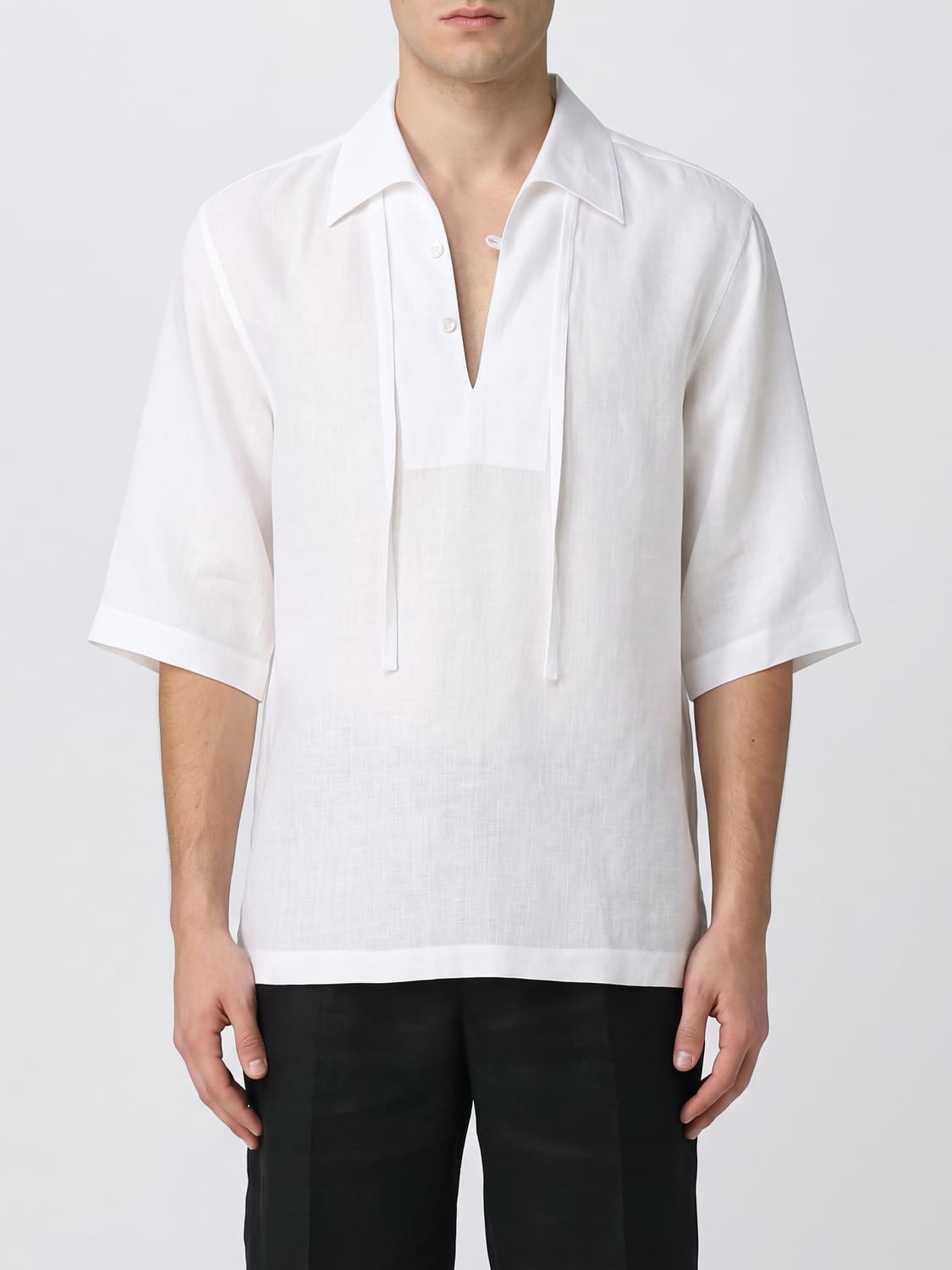 DOLCE & GABBANA HEMD: Kurzärmeliges Leinenhemd von Dolce & Gabbana mit klassischem Kragen, Weiß - Img 1