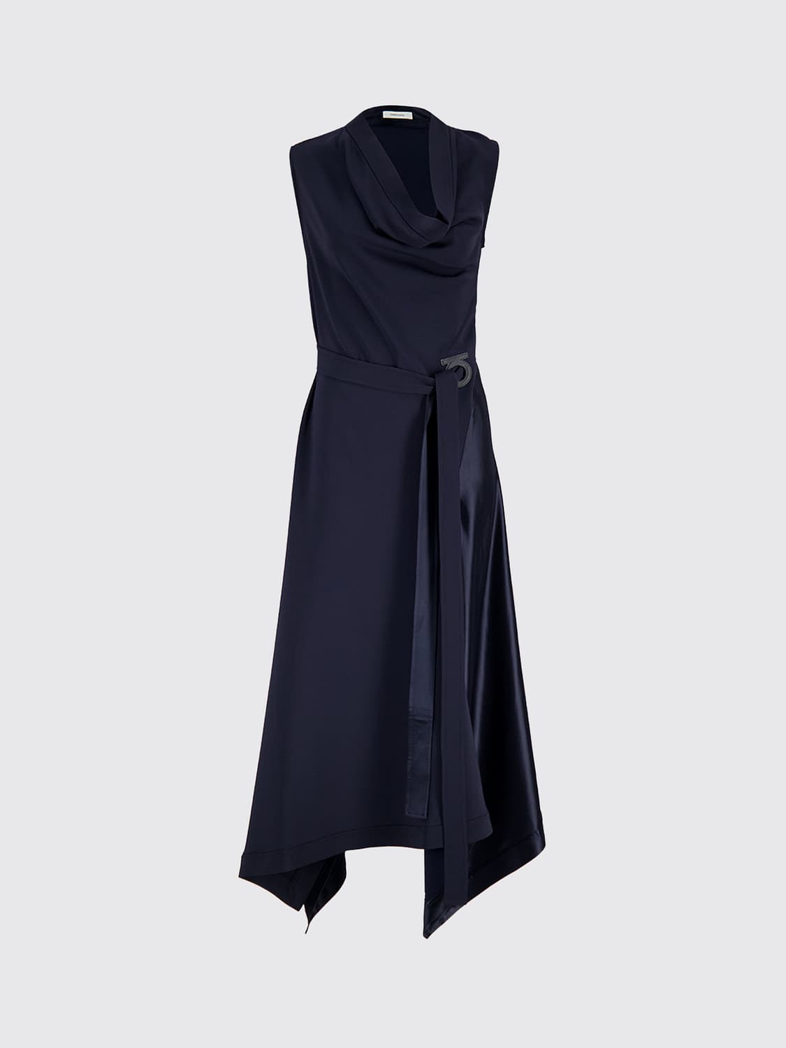 FERRAGAMO ABITO: Abito midi asimmetrico Ferragamo in raso senza maniche con scollo drappeggiato, Blue - Img 2