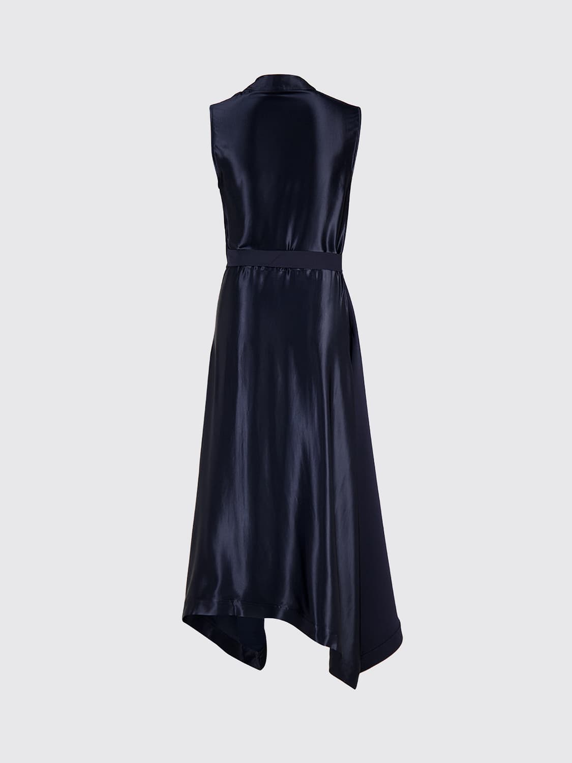 FERRAGAMO ABITO: Abito midi asimmetrico Ferragamo in raso senza maniche con scollo drappeggiato, Blue - Img 3