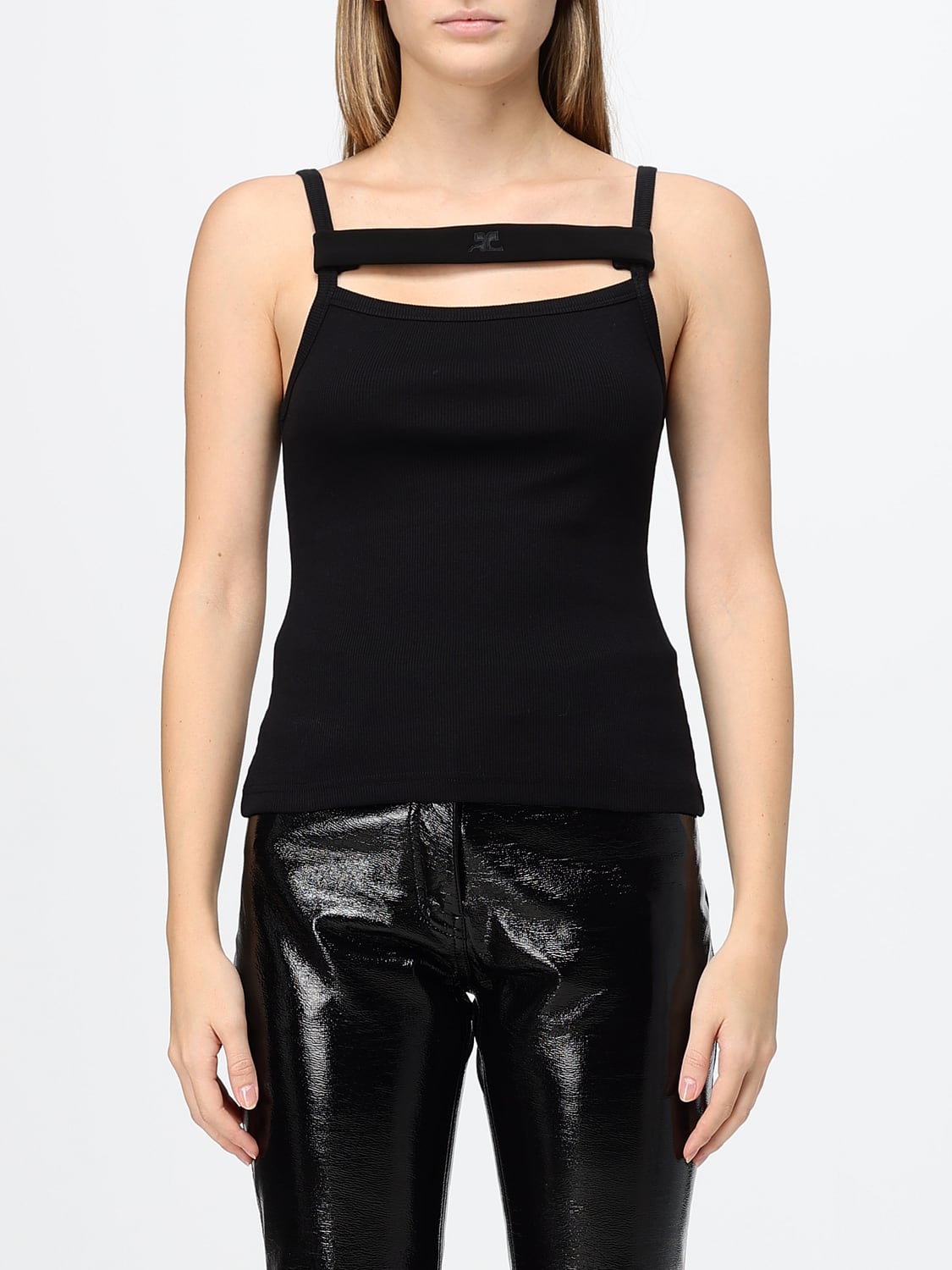 COURRÈGES TOP: Top Courrèges de punto de algodón acanalado con escote cuadrado, Negro - Img 1