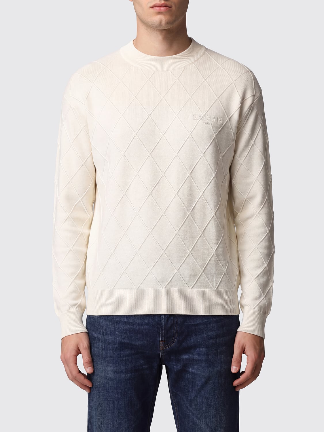 BALMAIN SWEATER: Balmain Long-Sleeved Crewneck Cotton Jumper with Ribbed Trims, White - Img 1