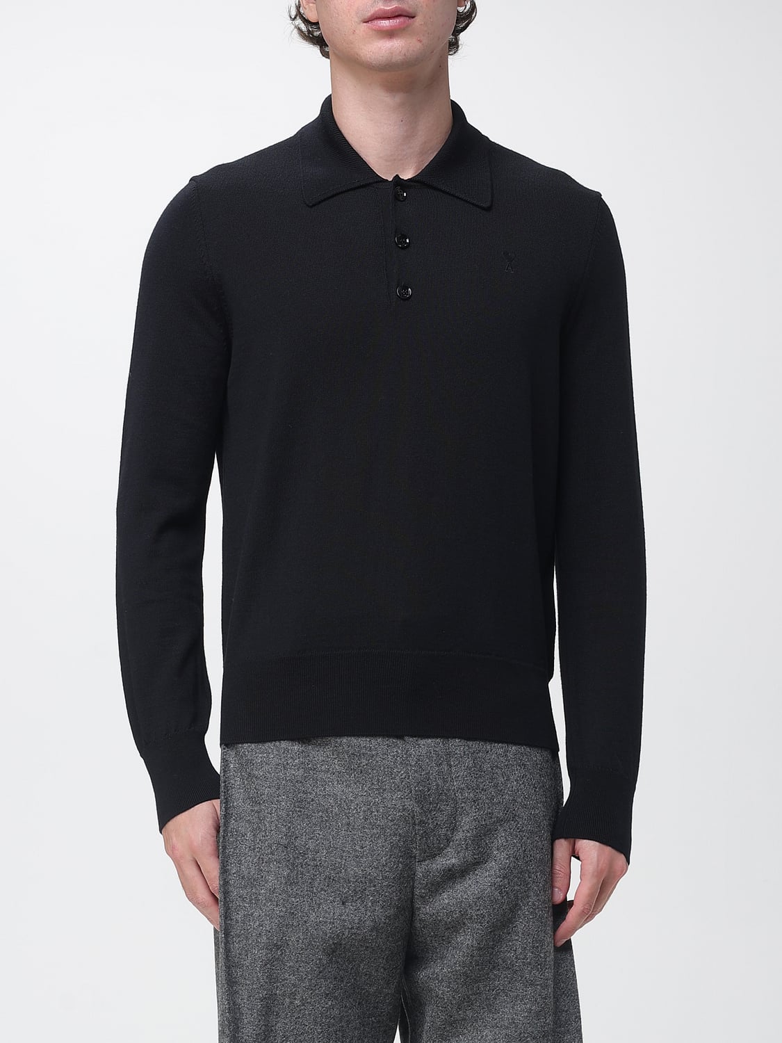 AMI PARIS POLO SHIRT: Ami Paris Long-Sleeved Pure Wool Knitted Polo Shirt with Tone-on-Tone Logo, Black - Img 1