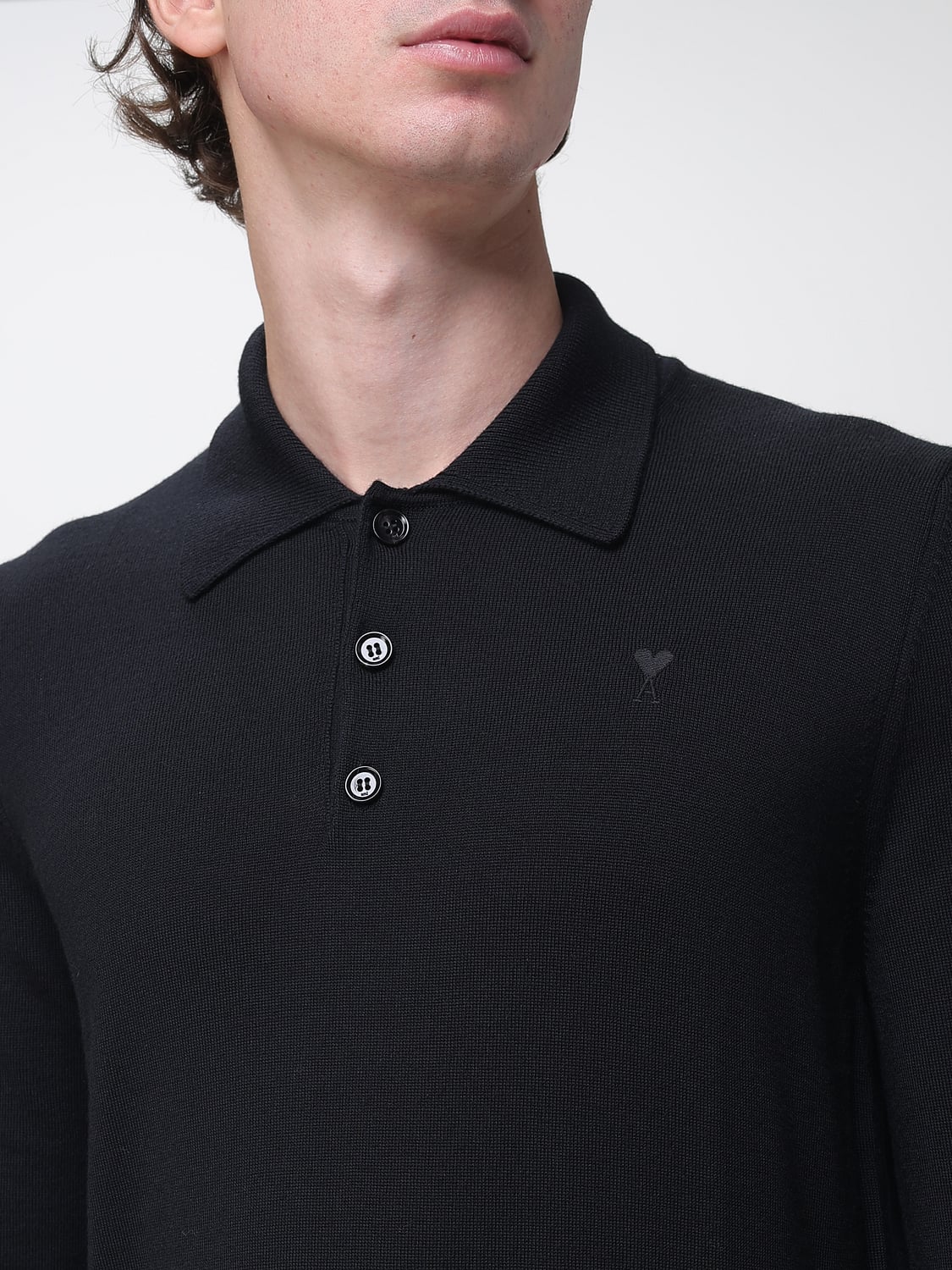 AMI PARIS POLO SHIRT: Ami Paris Long-Sleeved Pure Wool Knitted Polo Shirt with Tone-on-Tone Logo, Black - Img 3