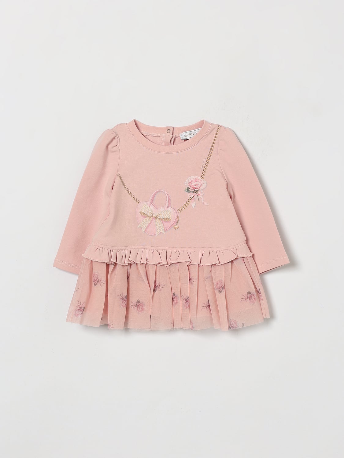 MONNALISA BARBOTEUSE: Mini-robe évasée Monnalisa pour fille en coton et tulle à imprimé floral, Rose - Img 1