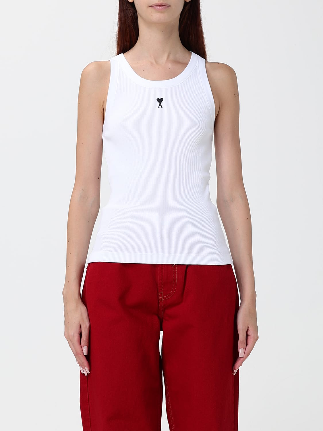AMI PARIS TOP: Top slim fit Ami Paris de algodón elástico con hombros descubiertos y logo bordado, Blanco - Img 1