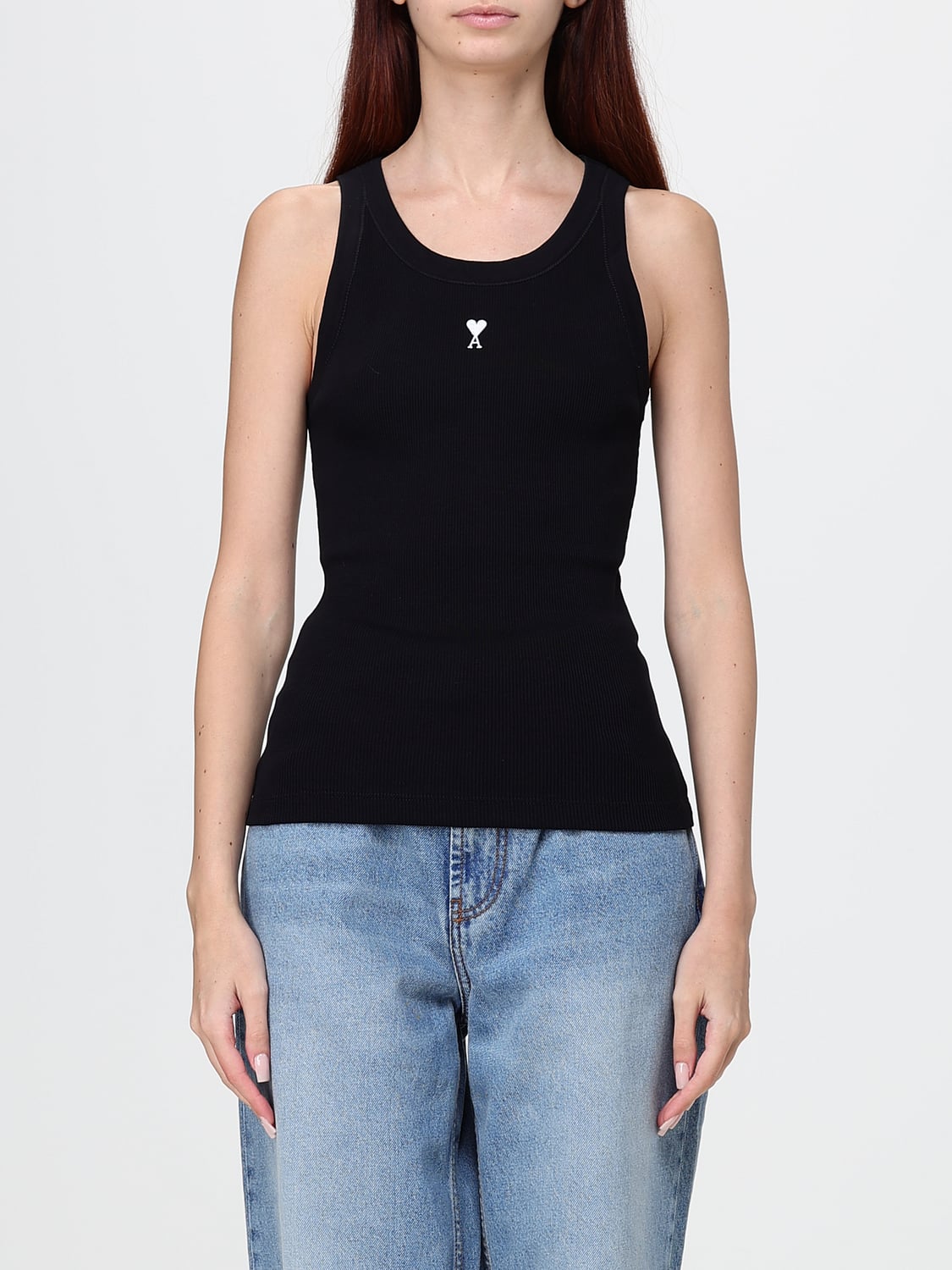 AMI PARIS TOP: Top slim fit Ami Paris de algodón elástico con hombros descubiertos y logo bordado, Negro - Img 1