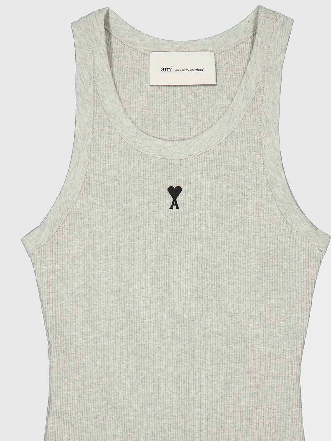 AMI PARIS TOP: Top slim fit Ami Paris de algodón elástico con hombros descubiertos y logo bordado, Gris - Img 4