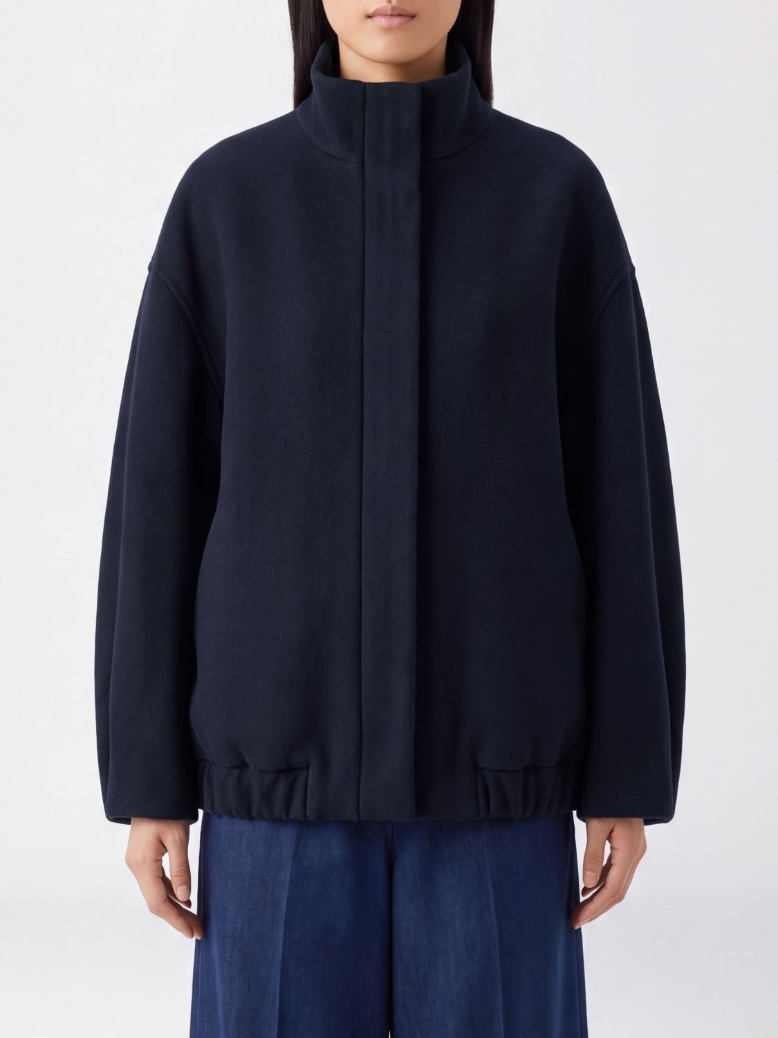 DRIES VAN NOTEN 外套: Dries Van Noten 高领宽松羊毛混纺飞行员夹克, 海军蓝 - Img 1