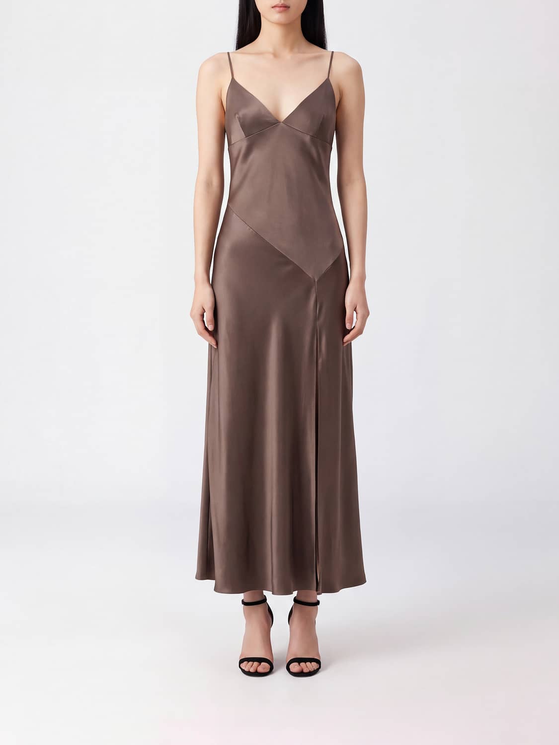 ALBERTA FERRETTI KLEID: Langes Slip-Kleid aus Viskose Alberta Ferretti mit vorderem Schlitz, Grau - Img 1