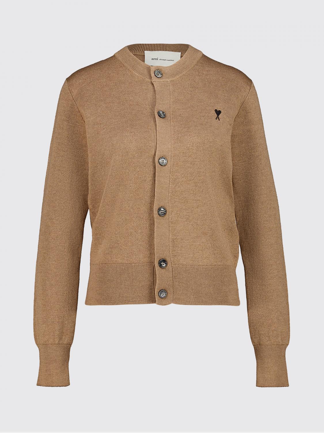 AMI PARIS PULLOVER: Ami Paris Rundhals-Cardigan aus reiner Merinowolle mit gesticktem Logo, Braun - Img 2