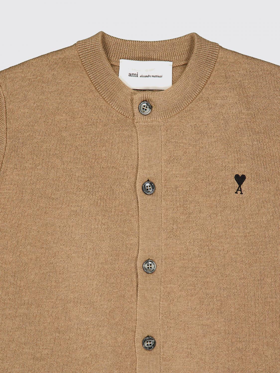 AMI PARIS PULLOVER: Ami Paris Rundhals-Cardigan aus reiner Merinowolle mit gesticktem Logo, Braun - Img 4