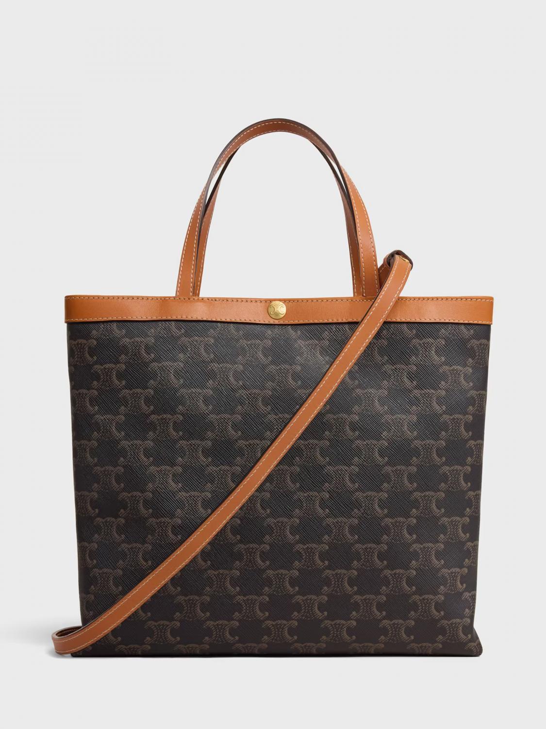 CELINE BORSA A MANO: Borsa Celine in cotone spalmato con Triomphe stampato, Marrone - Img 1