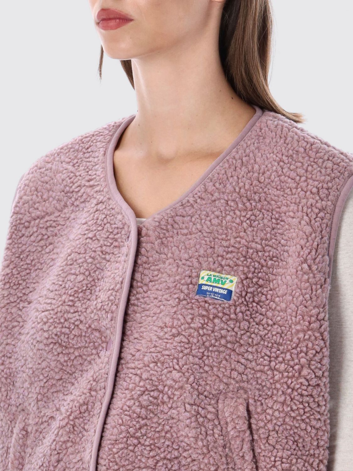 AMERICAN VINTAGE CHALECO: Chaleco acolchado de forro polar American Vintage con cuello redondo y bolsillos, Rosa Pálido - Img 3