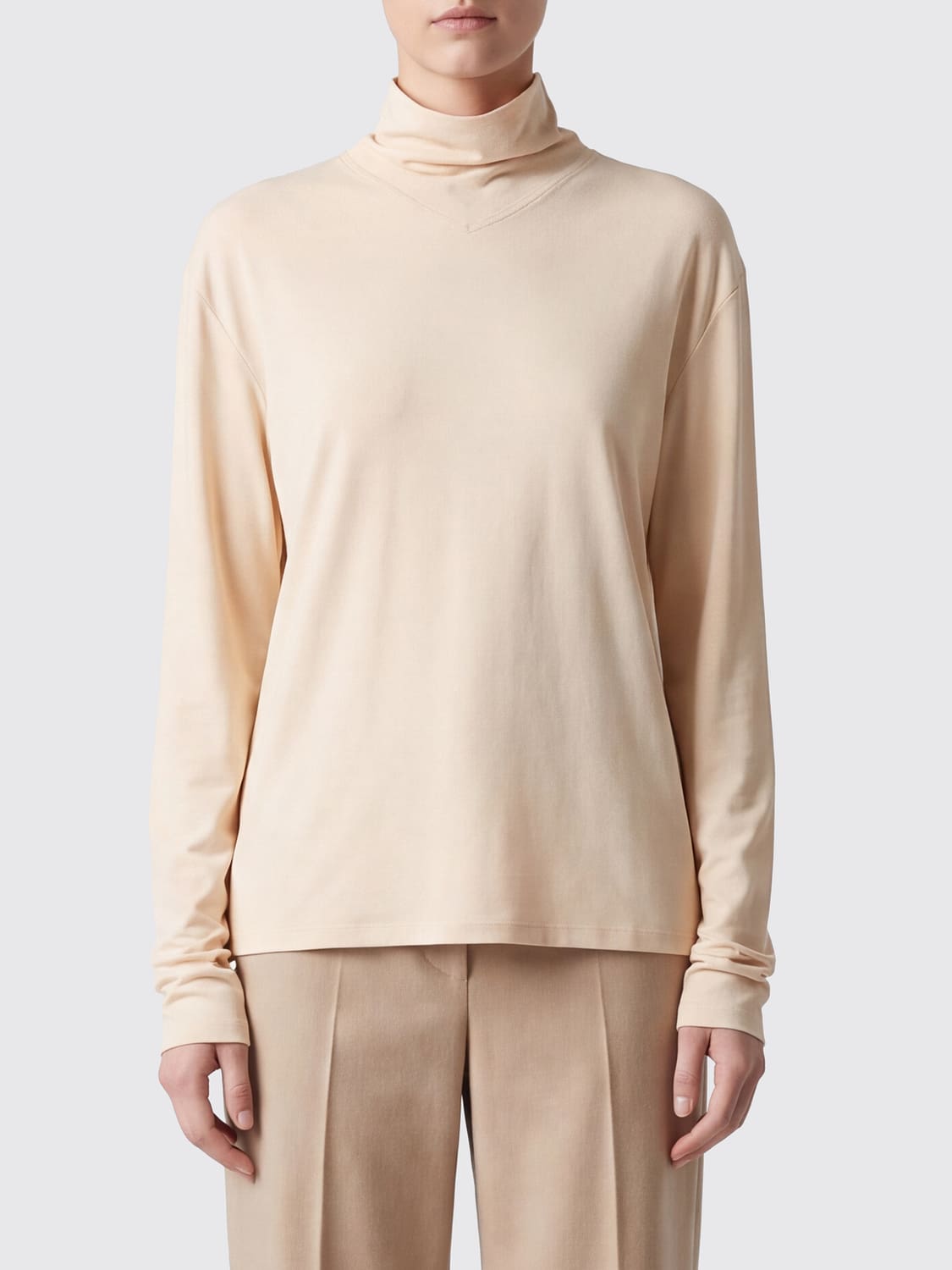 LEMAIRE TOP: Top de cuello alto Lemaire de algodón con cuello de lazada y manga larga, Beige - Img 1