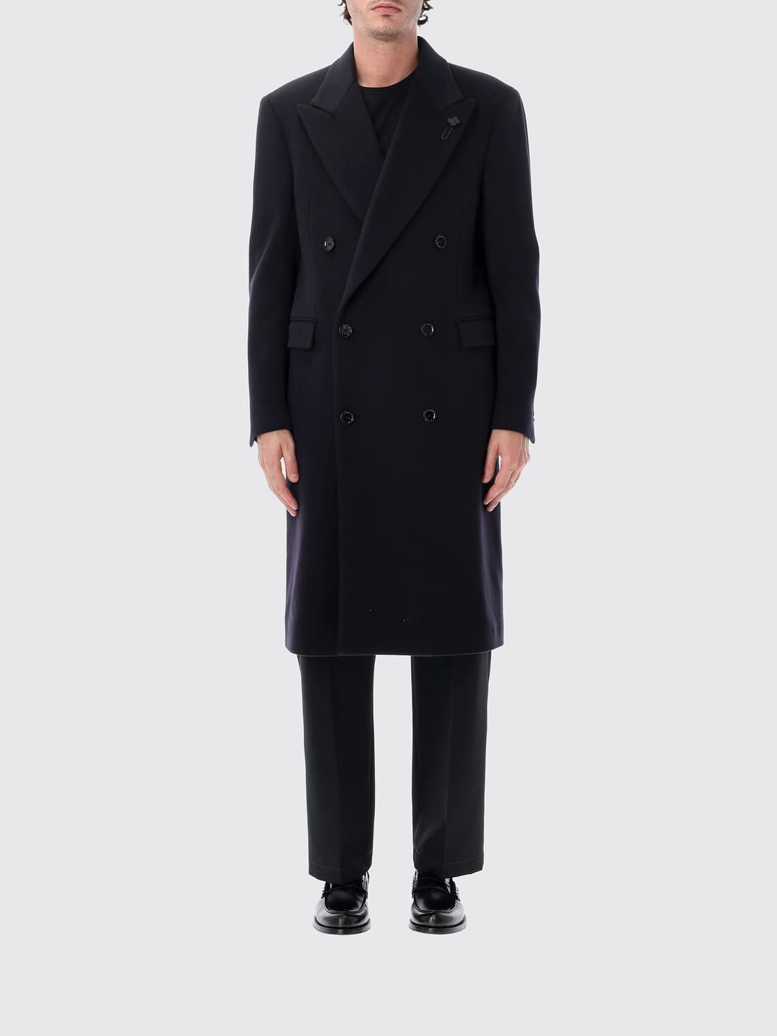 LARDINI COAT: Lardini Ghost Double-Breasted Virgin Wool Coat with Classic Collar, Navy - Img 1