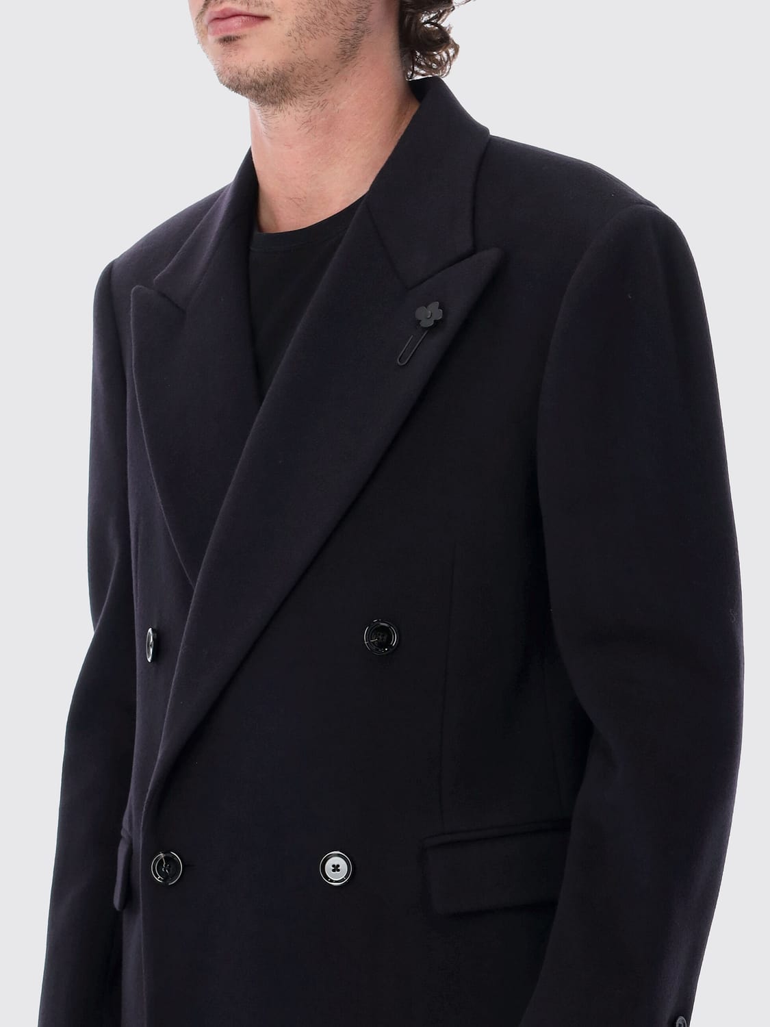 LARDINI COAT: Lardini Ghost Double-Breasted Virgin Wool Coat with Classic Collar, Navy - Img 3