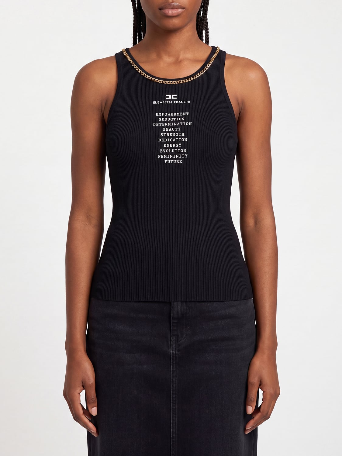 ELISABETTA FRANCHI TOP: Top slim fit Elisabetta Franchi en mezcla de seda con estampado de logo y malla metálica, Negro - Img 1