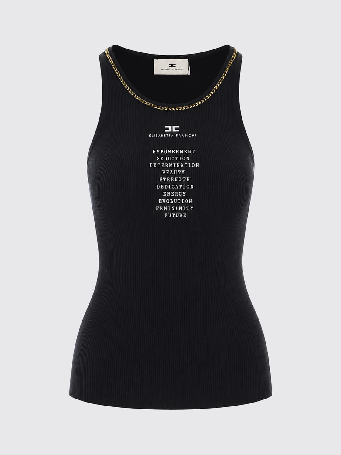 ELISABETTA FRANCHI TOP: Top slim fit Elisabetta Franchi en mezcla de seda con estampado de logo y malla metálica, Negro - Img 2