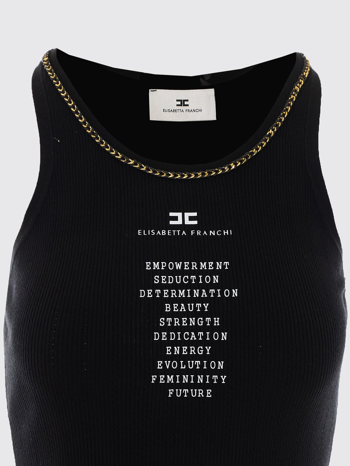 ELISABETTA FRANCHI TOP: Top slim fit Elisabetta Franchi en mezcla de seda con estampado de logo y malla metálica, Negro - Img 4