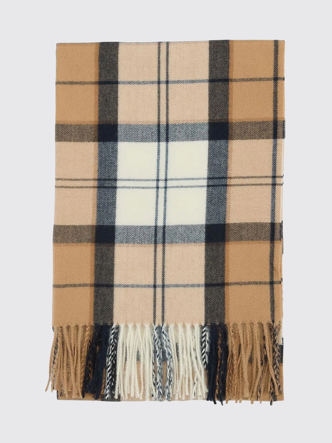 BARBOUR 스카프: BARBOUR 프린지 엣지가 있는 타탄 패턴 직사각형 스카프, 베이지 - Img 1