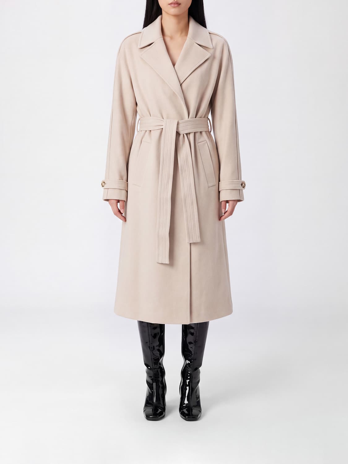 MM MAX MARA MANTEL: Langer Bademantel-Mantel MM Max Mara aus Viskosemischung mit Gürtel, Sand - Img 1