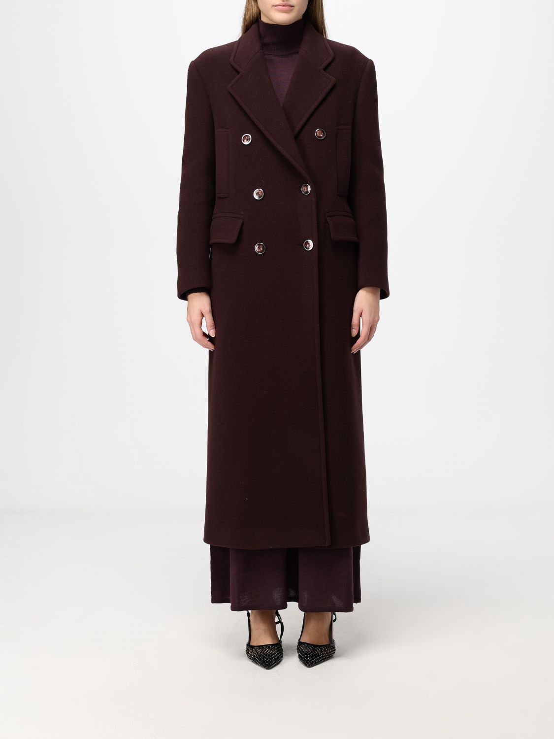 PINKO MANTEL: Pinko Langer zweireihiger Mantel aus Wollmischung mit klassischem Revers, Burgunderrot - Img 1