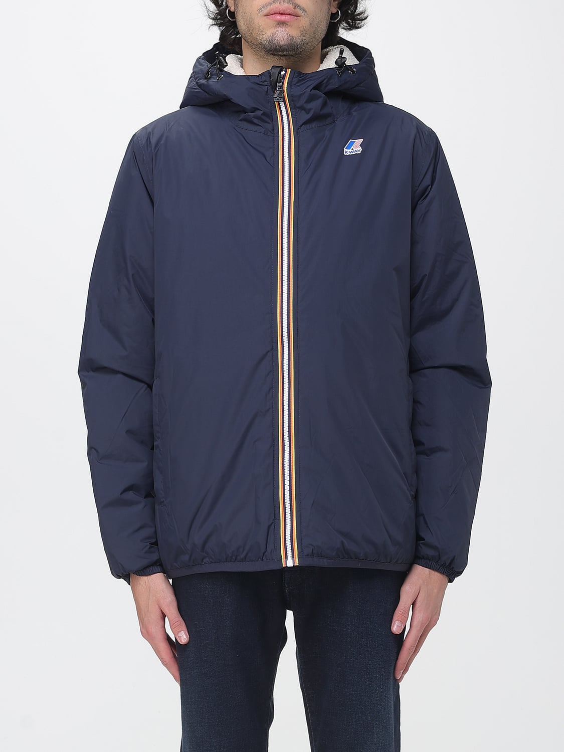 K-WAY JACKET: Fleece-Lined Hooded Nylon Windbreaker K-Way, Blue - Img 1
