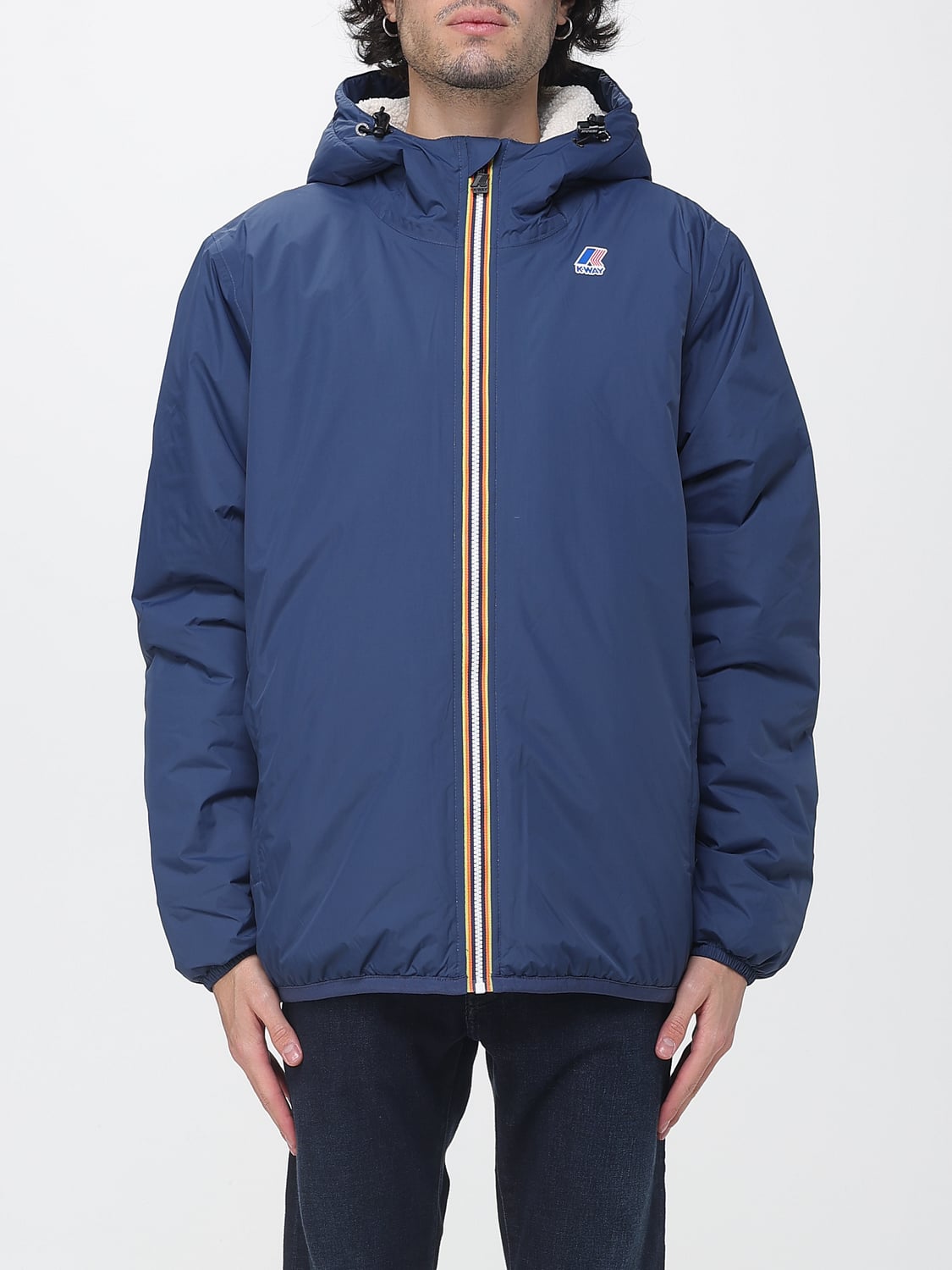 K-WAY JACKET: Fleece-Lined Hooded Nylon Windbreaker K-Way, Navy - Img 1