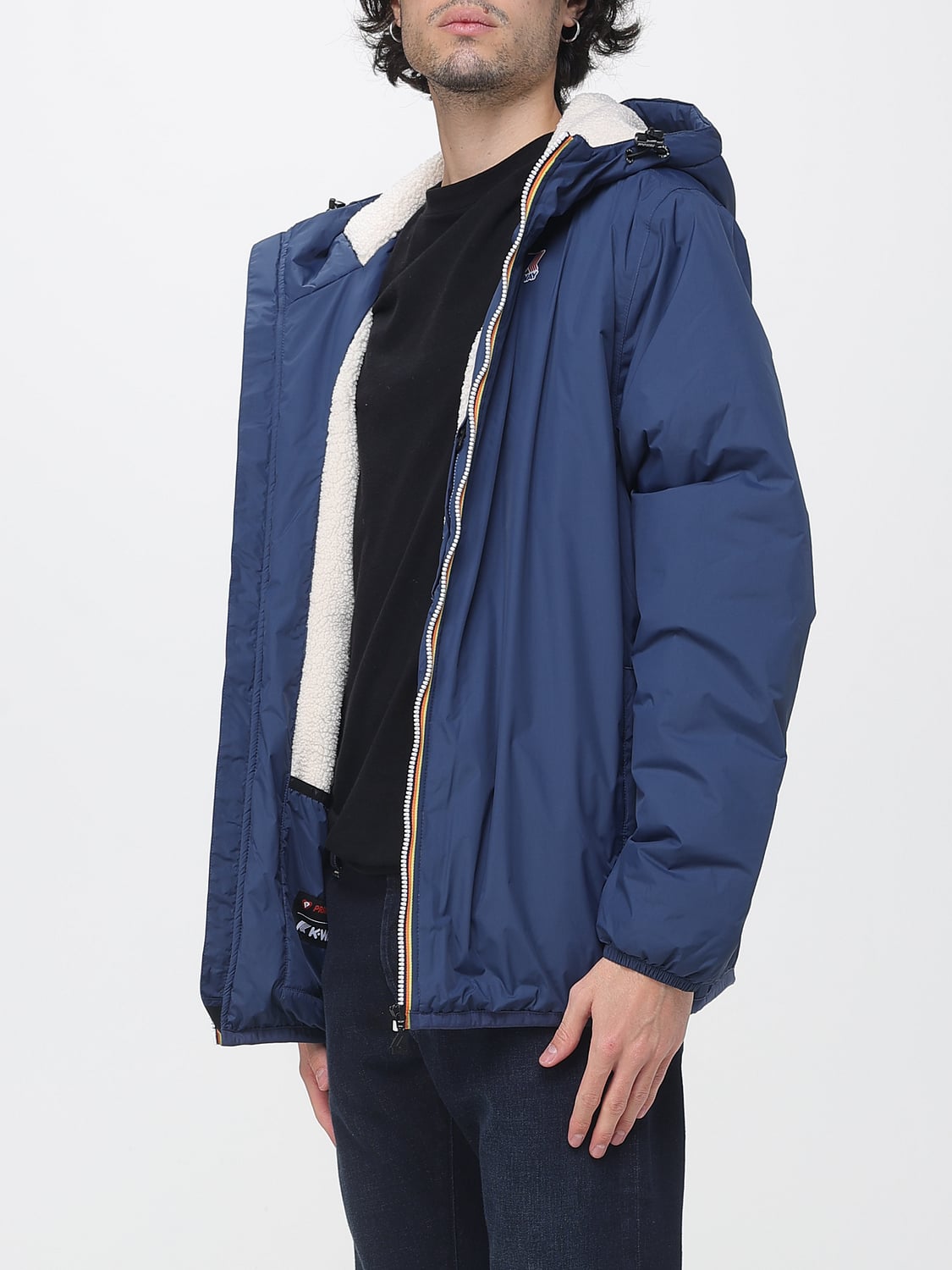 K-WAY JACKET: Fleece-Lined Hooded Nylon Windbreaker K-Way, Navy - Img 3