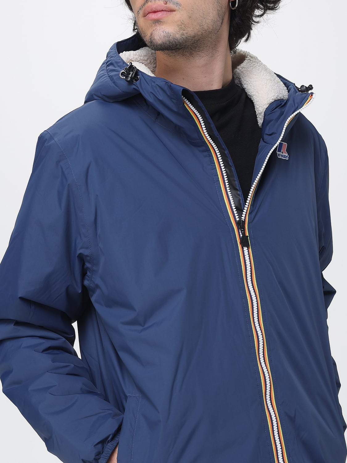 K-WAY JACKET: Fleece-Lined Hooded Nylon Windbreaker K-Way, Navy - Img 4
