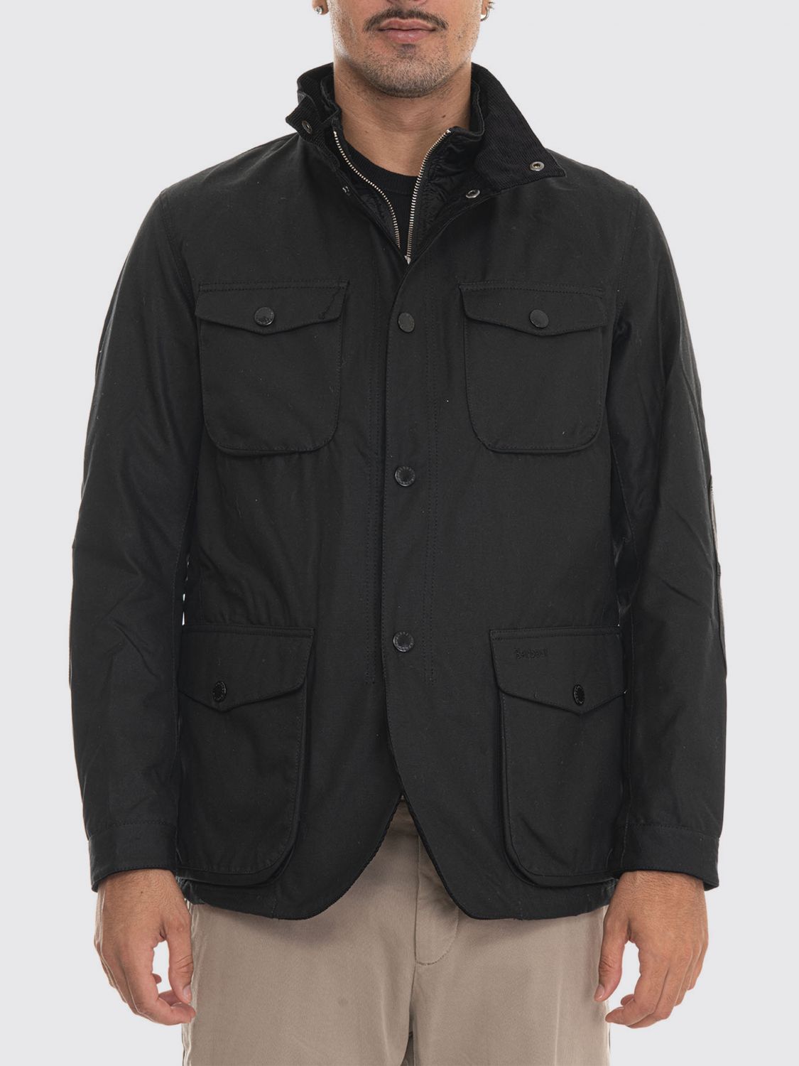 BARBOUR JACKET: Ogston Windproof Waxed Cotton Jacket Barbour with High Neck and Patch Pockets, Black - Img 1