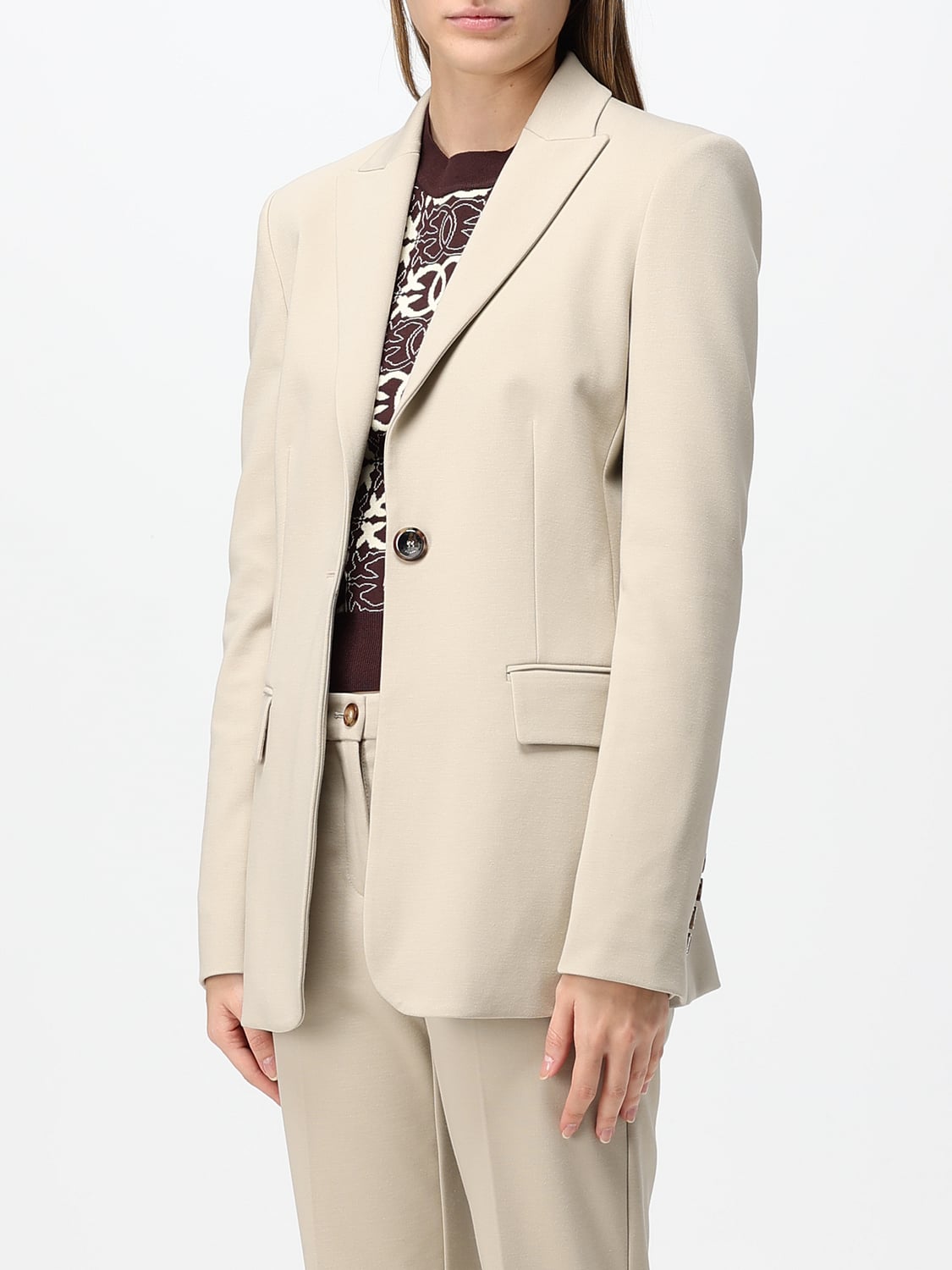 PINKO JACKE: Einreihiger Slim-Fit-Blazer aus Crêpe von PINKO mit Einknopfverschluss, Beige - Img 3