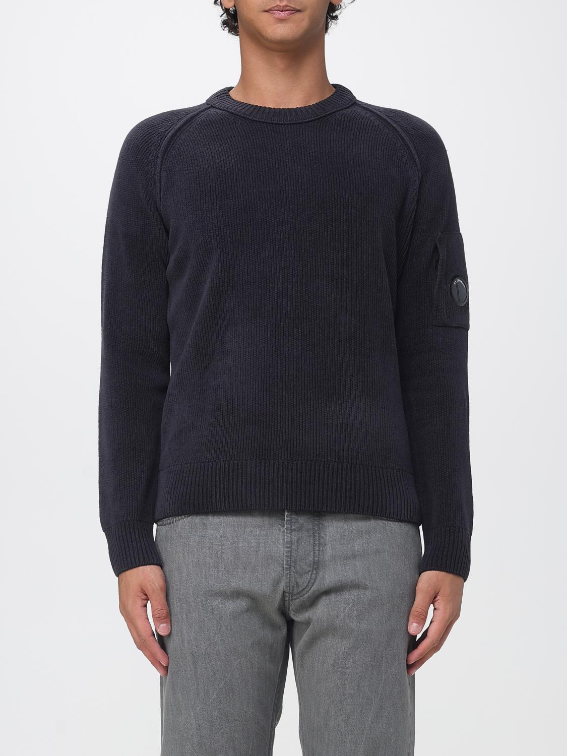 C.P. COMPANY PULLOVER: C.P. Company Baumwoll-Rundhalspullover mit appliziertem Logo und Rippbündchen, Blau - Img 1