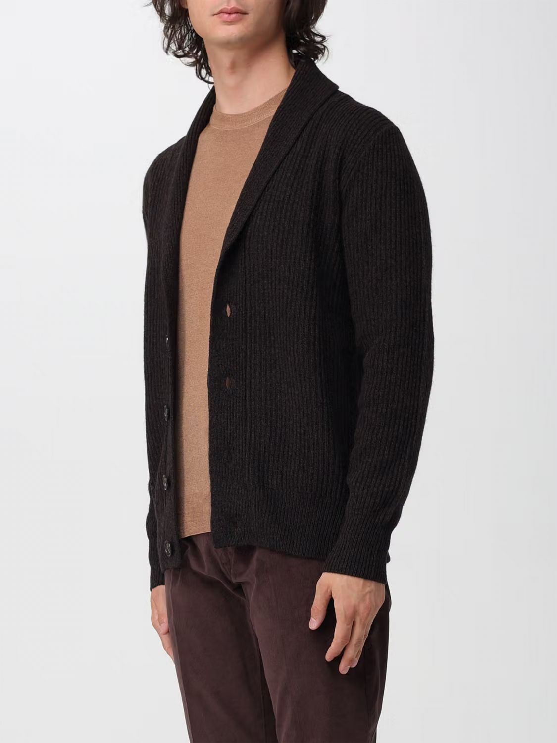 BROOKSFIELD SWEATER: Shawl Collar Ribbed Wool Cardigan Brooksfield with Buttons, Brown - Img 3