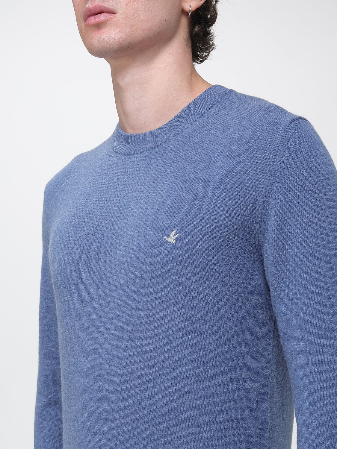 BROOKSFIELD SWEATER: Brooksfield Pure Wool Crewneck Jumper with Embroidered Logo, Gnawed Blue - Img 3