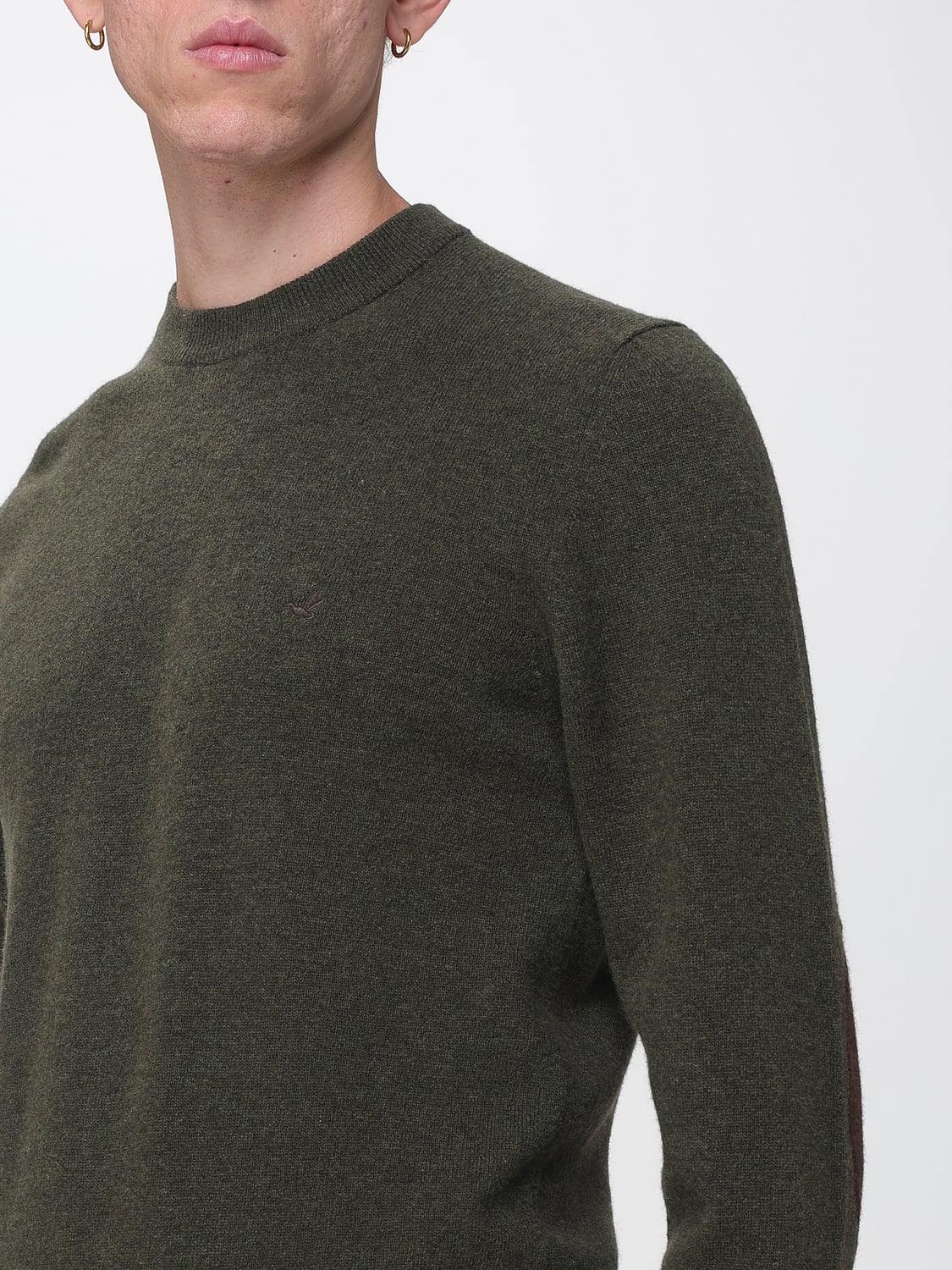 BROOKSFIELD SWEATER: Brooksfield Pure Wool Crewneck Jumper with Embroidered Logo, Military - Img 3