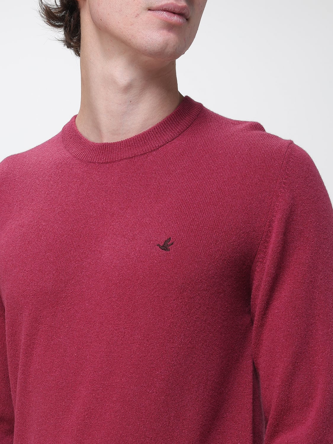 BROOKSFIELD SWEATER: Brooksfield Pure Wool Crewneck Jumper with Embroidered Logo, Cyclamen - Img 3