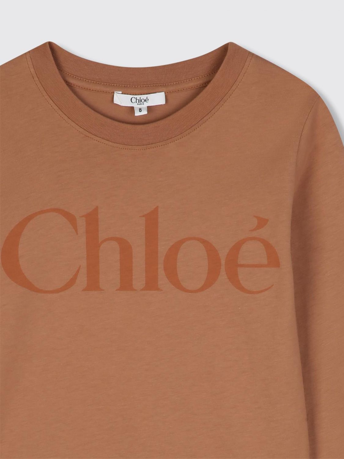 CHLOÉ T-SHIRT: Long-Sleeved Crewneck Cotton T-shirt Chloé for Girls with Logo Print, Brown - Img 3