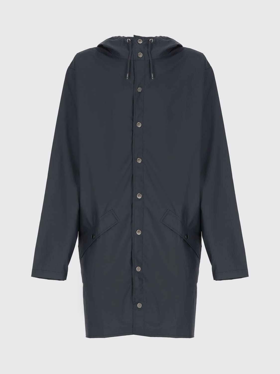 RAINS JACKET: Rains Knee-Length Hooded Raincoat in Recycled Technical Fabric, Navy - Img 2