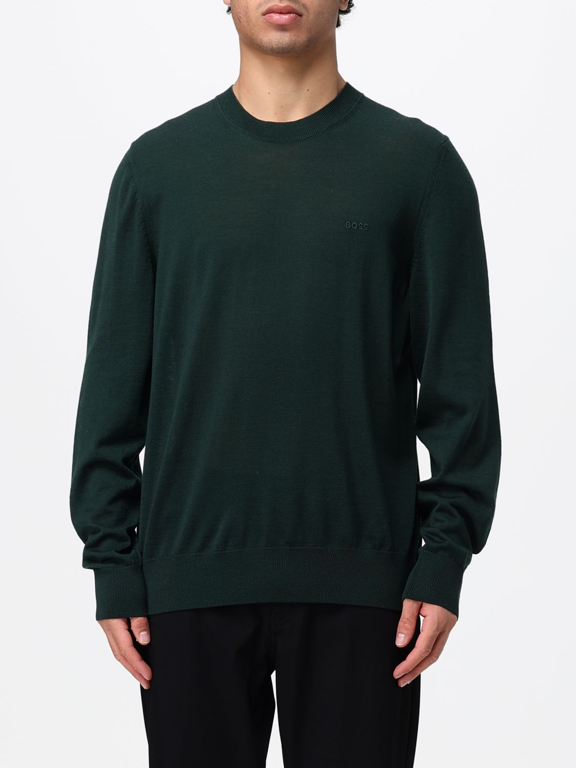 BOSS SWEATER: Boss Crew-Neck Jumper in Pure Wool with Long Sleeves, Green - Img 1