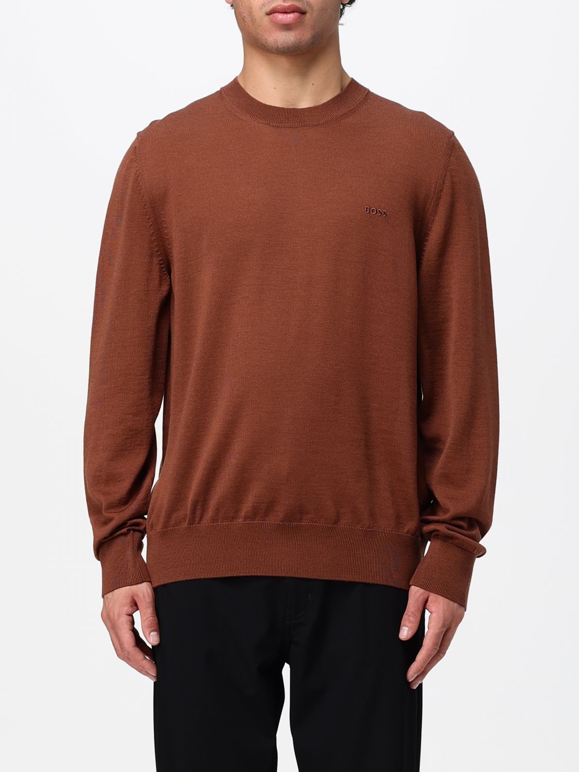BOSS SWEATER: Boss Crew-Neck Jumper in Pure Wool with Long Sleeves, Earth - Img 1