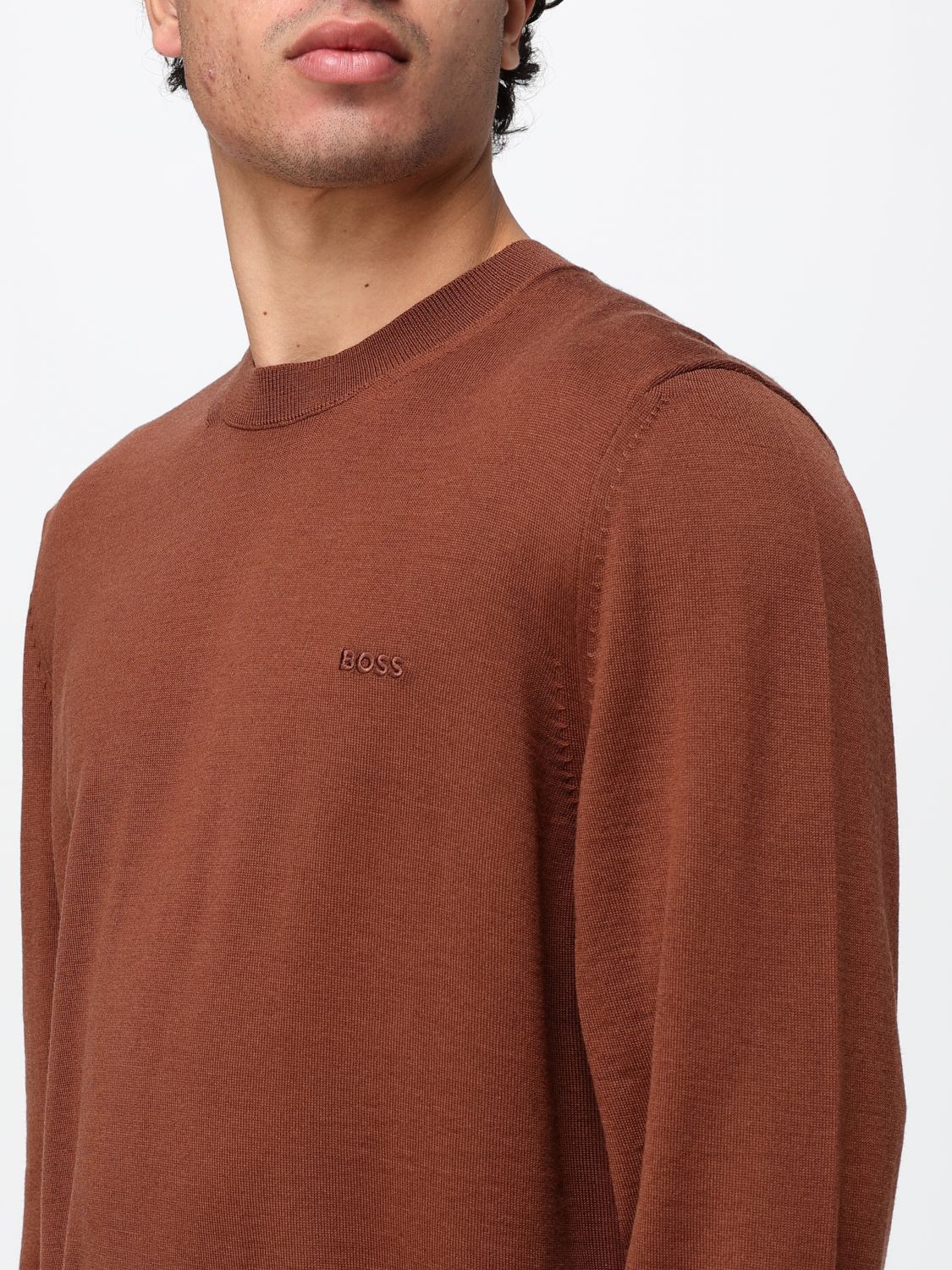 BOSS SWEATER: Boss Crew-Neck Jumper in Pure Wool with Long Sleeves, Earth - Img 3