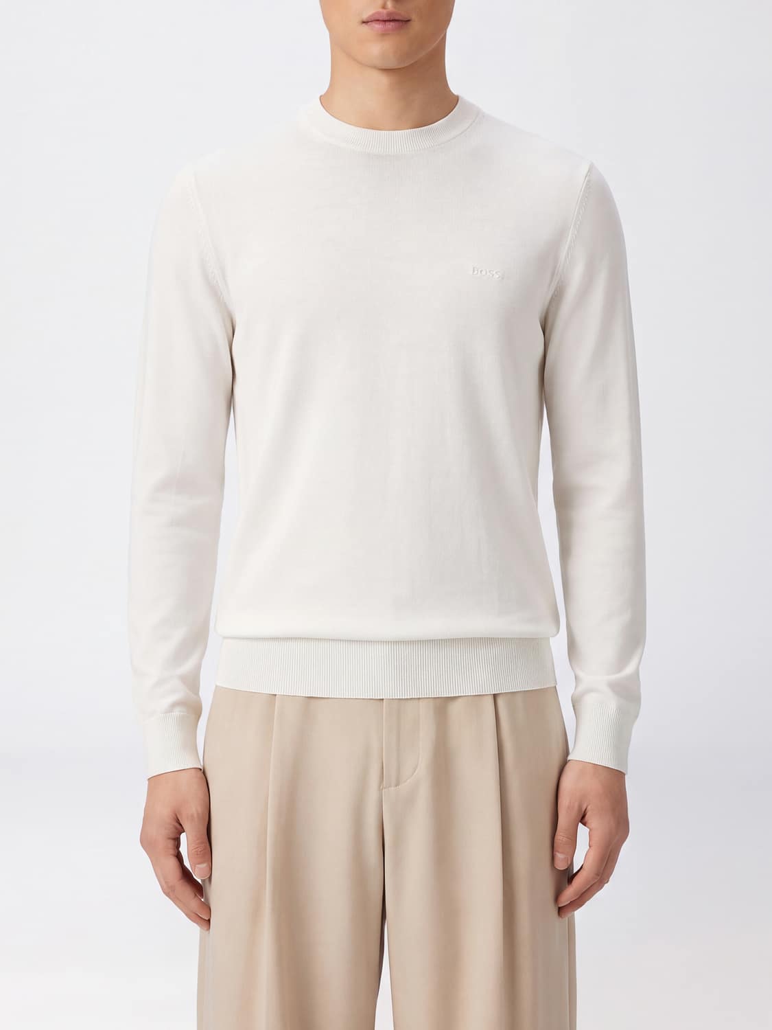 BOSS SWEATER: Boss Crew-Neck Jumper in Pure Wool with Long Sleeves, Nude - Img 1