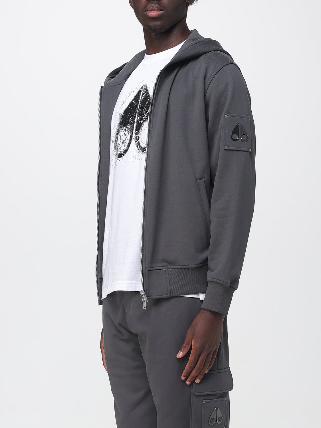 MOOSE KNUCKLES SWEATSHIRT: Zipped Cotton Hoodie Moose Knuckles with Metallic Logo, Grey - Img 3