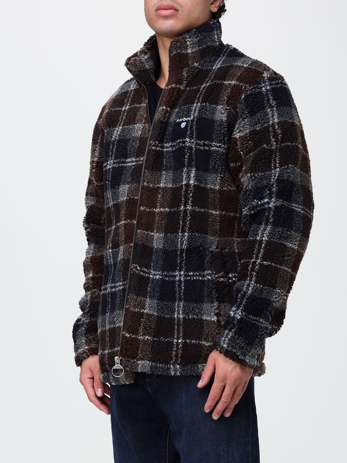 BARBOUR JACKET: Barbour Tartan Pattern Fleece Jacket with High Neck and Zip Closure, Brown - Img 3