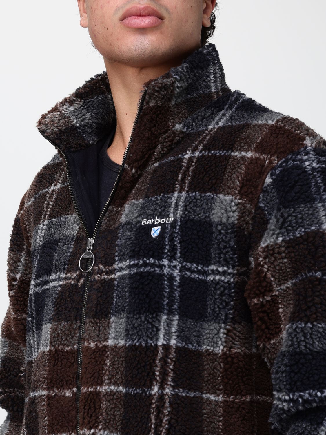 BARBOUR JACKET: Barbour Tartan Pattern Fleece Jacket with High Neck and Zip Closure, Brown - Img 4